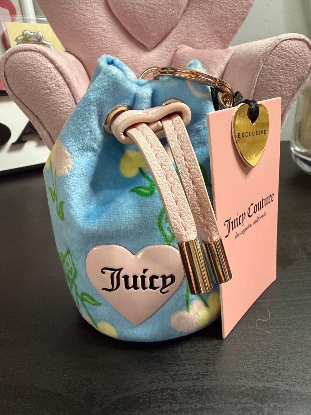 Juicy Couture NWT Retro Cherry Drawstring Micro Bag with Pink Heart Logo